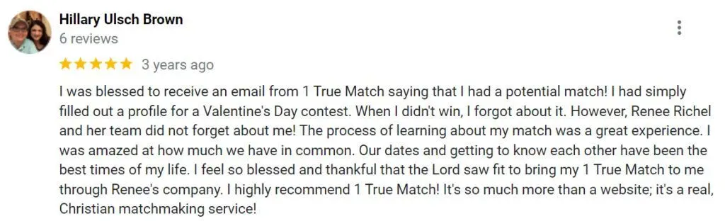 5-star Google review for 1 True Match