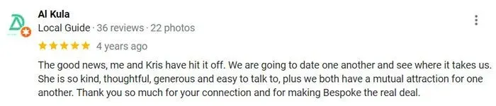 5-star review for Bespoke Matchmaking on Google
