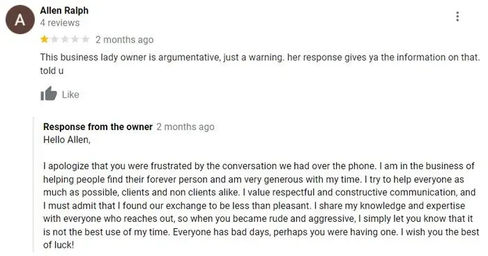 1-star Smoky Matchmaker google review