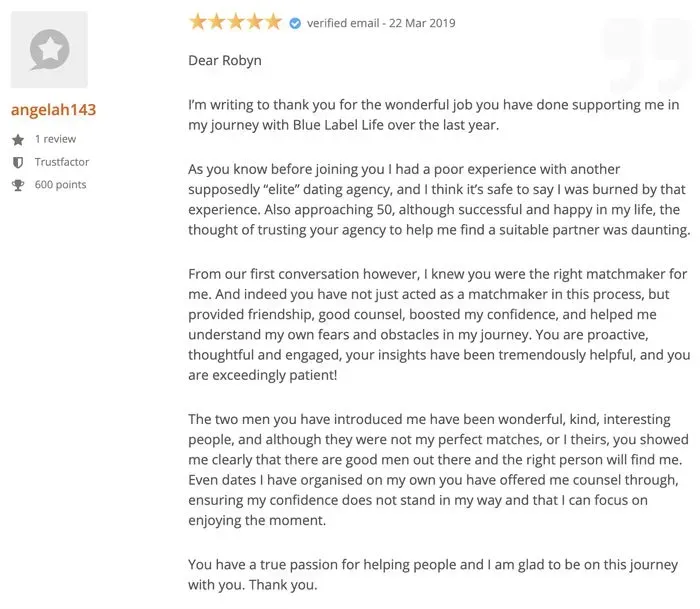 5-star Word Of Mouth review for Blue Label Life