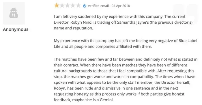 1-star Word of Mouth review for Blue Label Life