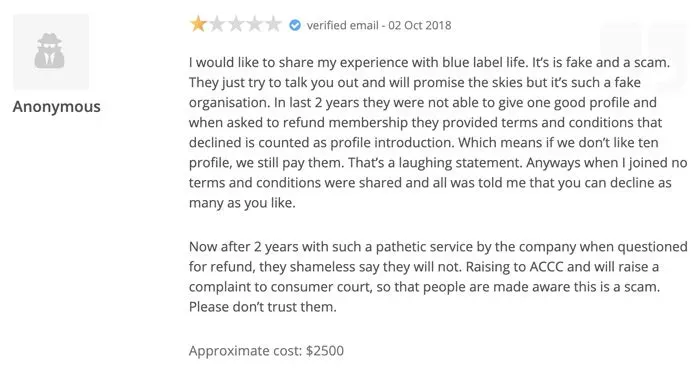 1-star Blue Label Life review on Word of Mouth