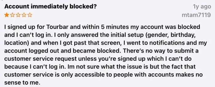 1-star App Store review for TourBar