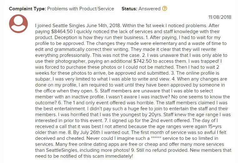 BBB complaint Seattle Singles