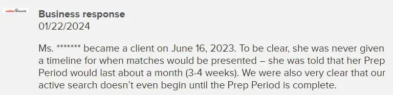 BBB response from Caliber Match explaining the Prep Period
