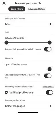 Basic filter options on Bumble