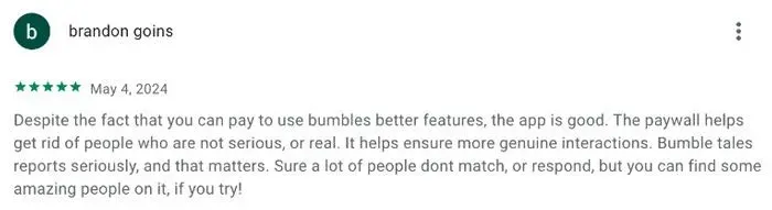 5-star Bumble review on Playstore