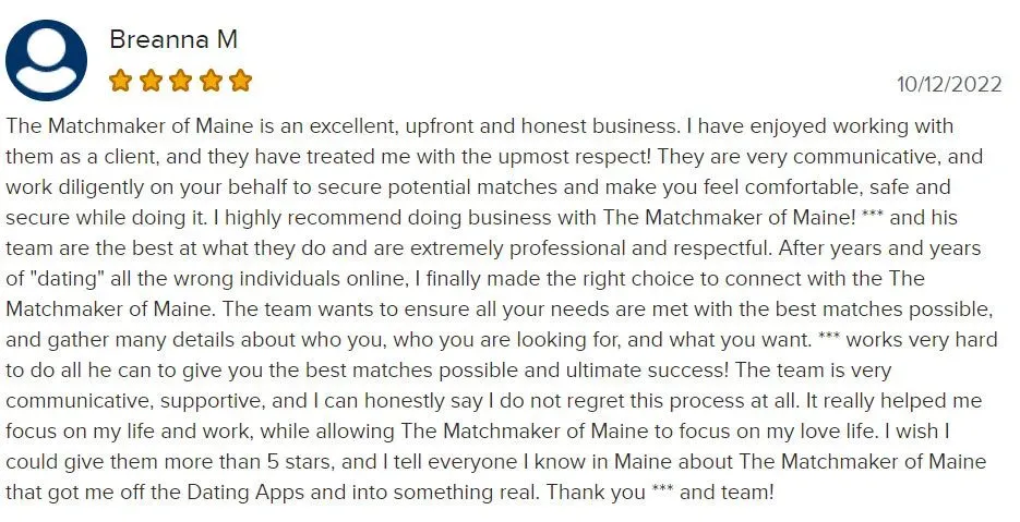 5-star Matchmaker of Maine review on BBB
