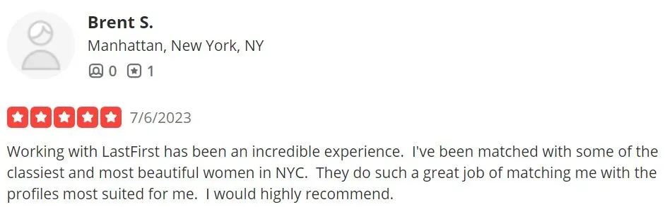 5-star Yelp review for LastFirst Matchmaking