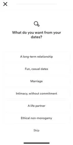 Bumble's dating goals options