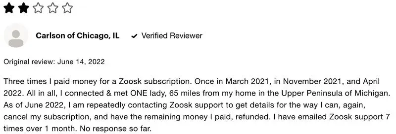 1-star Consumer Affairs Zoosk review