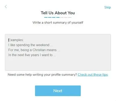 Christian Mingle "About You" screen