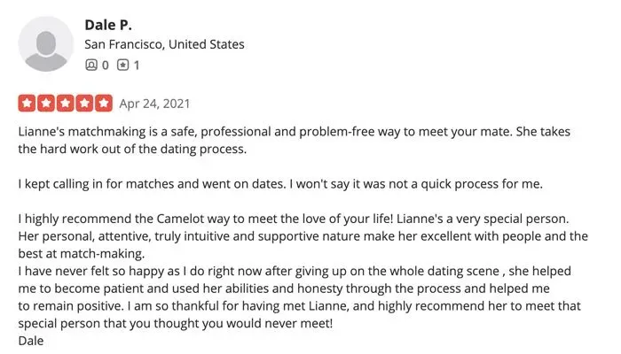5-star Yelp review for Camelot Introductions