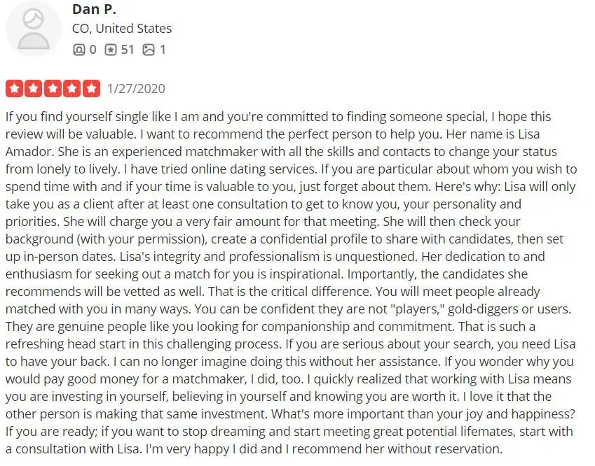 5-star Amador Matchmaking Yelp review from Dan P