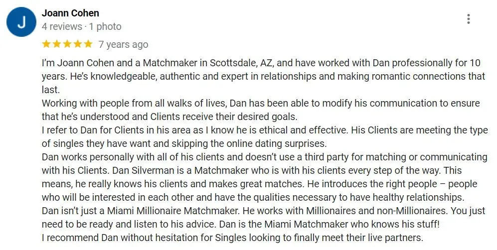 A 5-star Dan Silverman review from matchmaker Joann Cohen