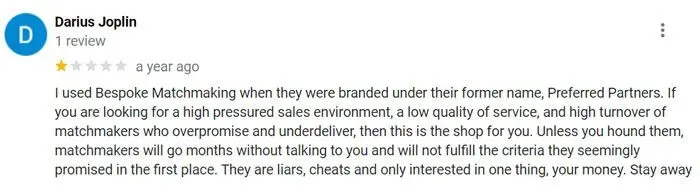 1-star Google review for Bespoke Matchmaking