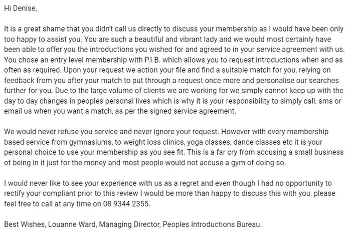 Louanne Ward Matchmaking response on Google