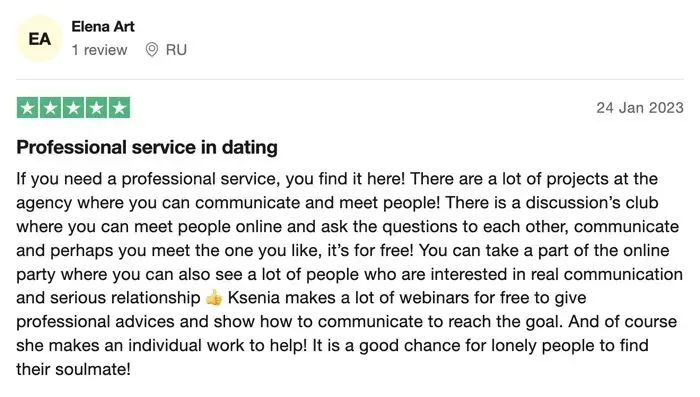 5-star Trustpilot review for Ksenia Droben Matchmaking