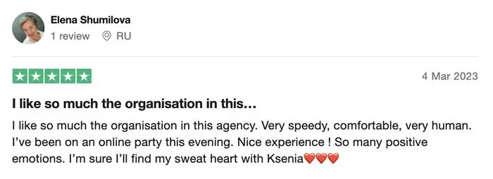 5-star Trustpilot review for Ksenia Droben Matchmaking