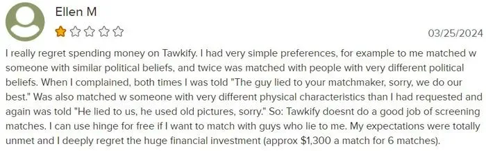 1-star Tawkify review on BBB