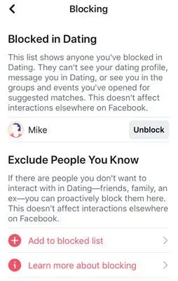 Facebook Dating blocking settings