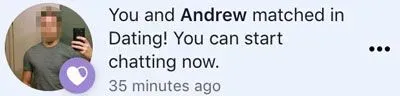 Facebook Dating match notification example