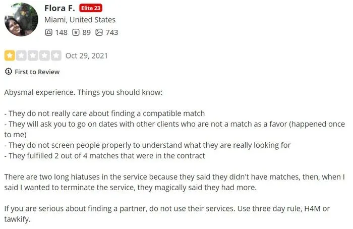 1-star Yelp review for Bespoke Matchmaking