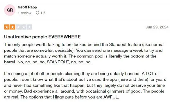 2-star Trustpilot Hinge review