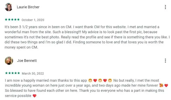 5-star Google Play reviews for ChristianMingle app