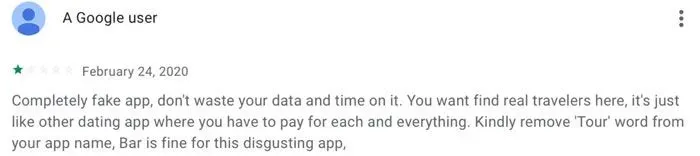 1-star Google Play review for TourBar