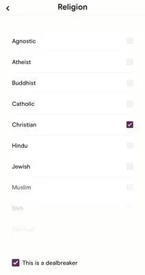 Hinge religion filter with Dealbreaker feature