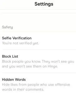 Hinge's Safety settings menu