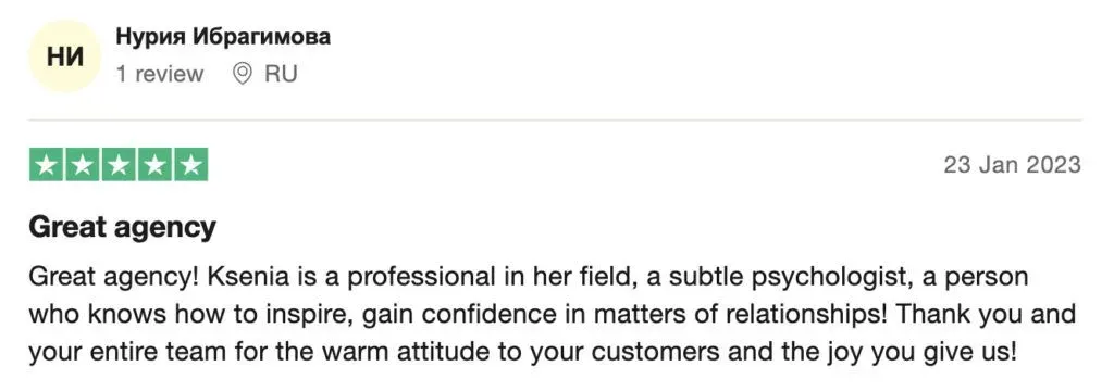 5-star Ksenia Droben review on Trustpilot