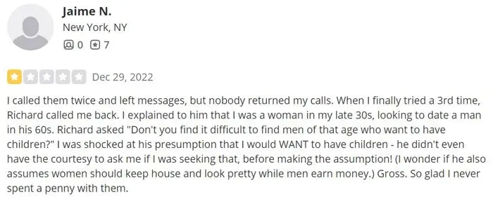 1-star Peggy Wolman Matchmaking Yelp review