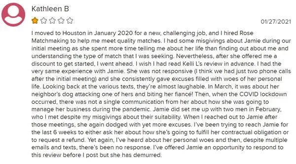 1-star BBB review for Rose Matchmaking