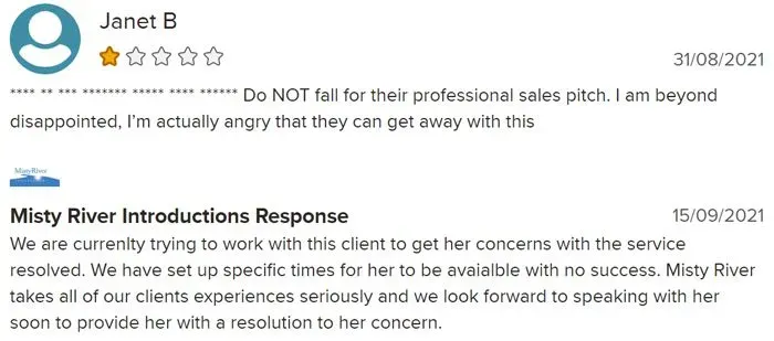 1-star review for Misty River Introductions on BBB website