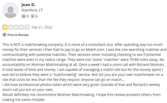 Peggy Wolman Matchmaking 1-star Yelp review