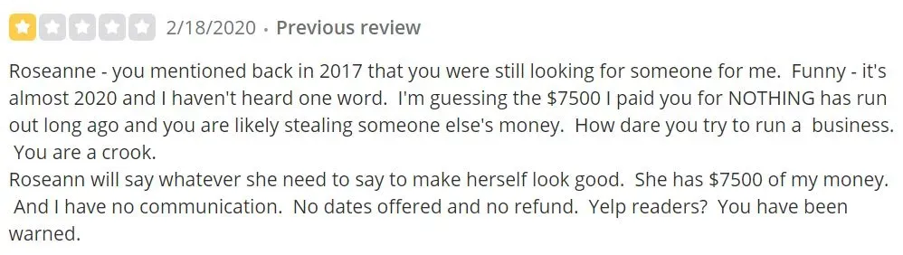 Yelp review that's 1-star for SPIES matchmaking