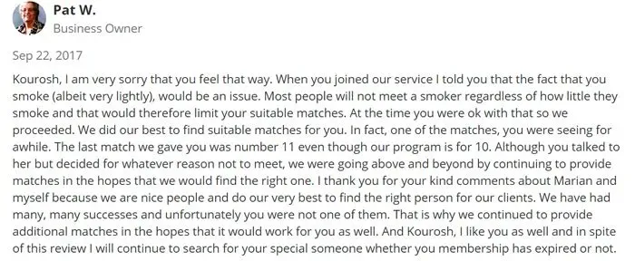 Pat Wright response to Yelp review