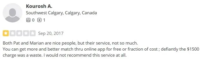 1-star Personal Touch Matchmaking review on Yelp