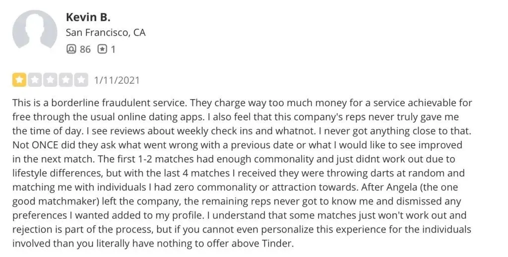 1-star Yelp review for Single Atlanta matchmakers