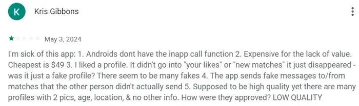 1-star Google Play review for Luxy