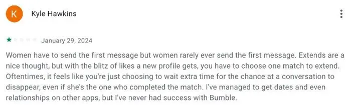1-star Bumble review on Playstore