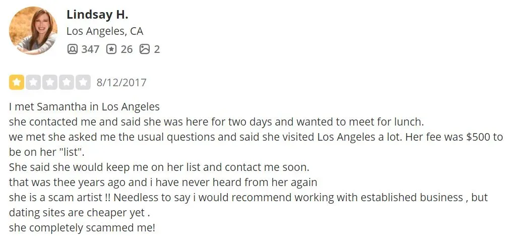 1-star Samantha Daniels Yelp review