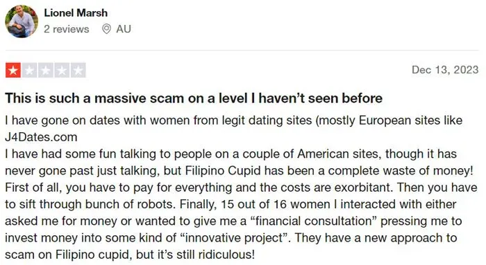 1-star Trustpilot review for FilipinoCupid
