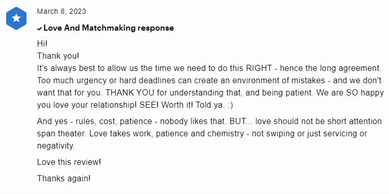Love And Matchmaking review response
