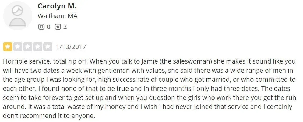 1-star Yelp review for Brighton LunchDates office