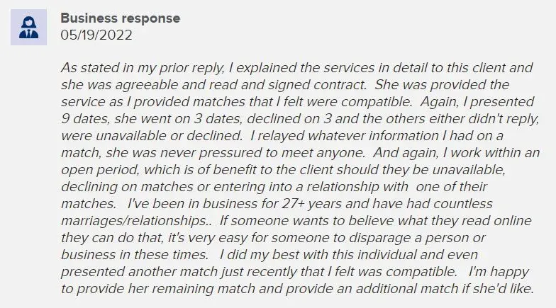 Lunch Date response to BBB complaint