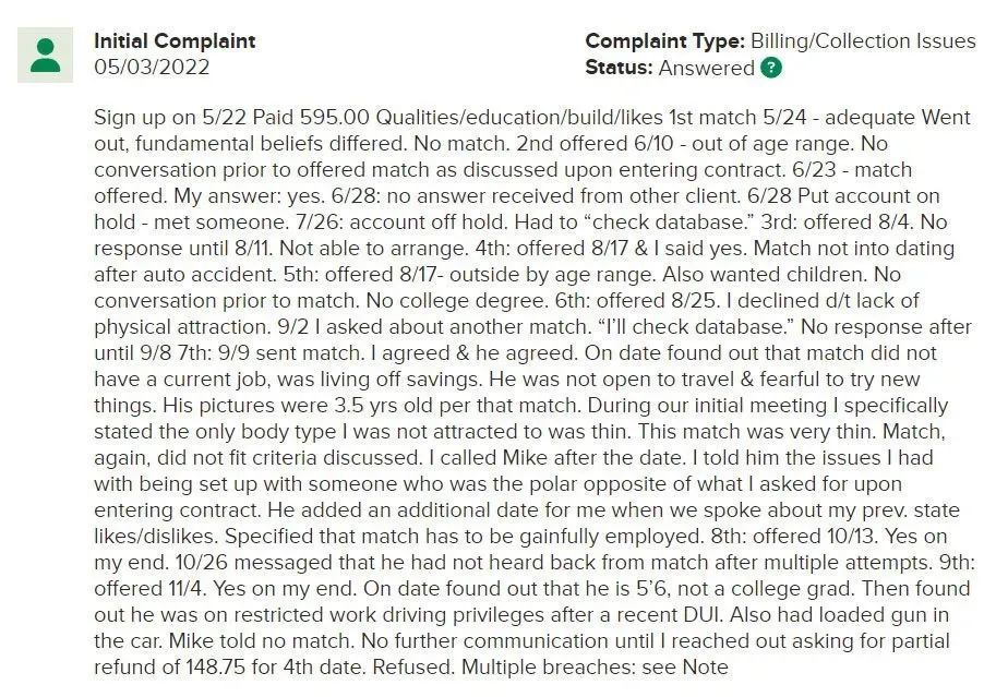 Lunch Date complaint on BBB