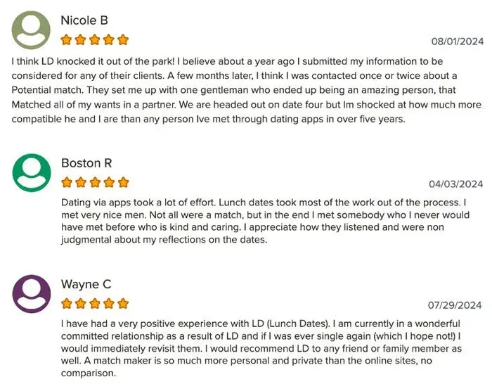 5-star LunchDates reviews on BBB website